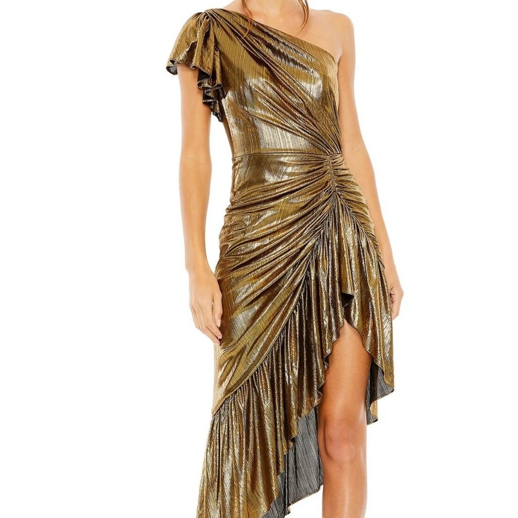$400 Ieena For Mac Duggal Flutter Sleeve Metallic Ruched Dress Sz L Large